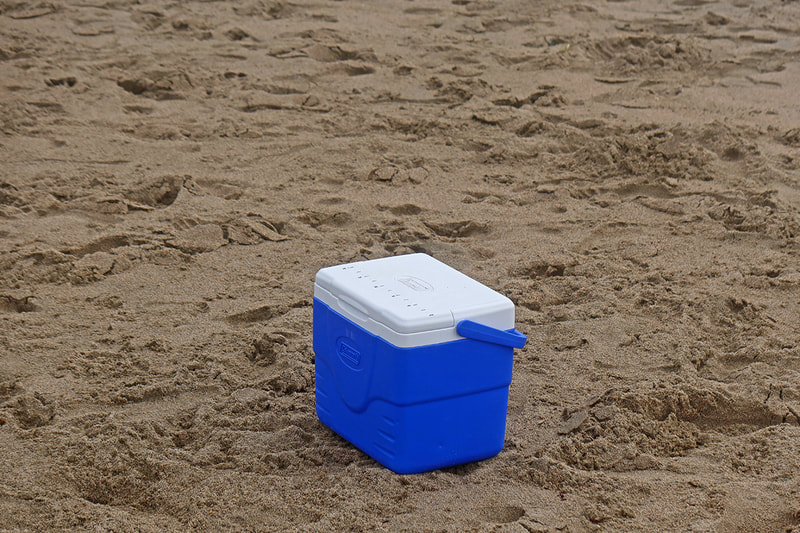 blue cooler sitting on sand