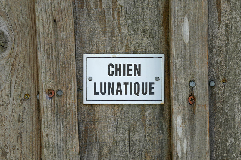 Chien Lunatique sign on fence