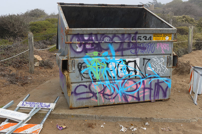 dumpster with graffiti
