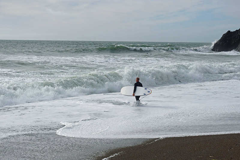surfer facing ocean waves